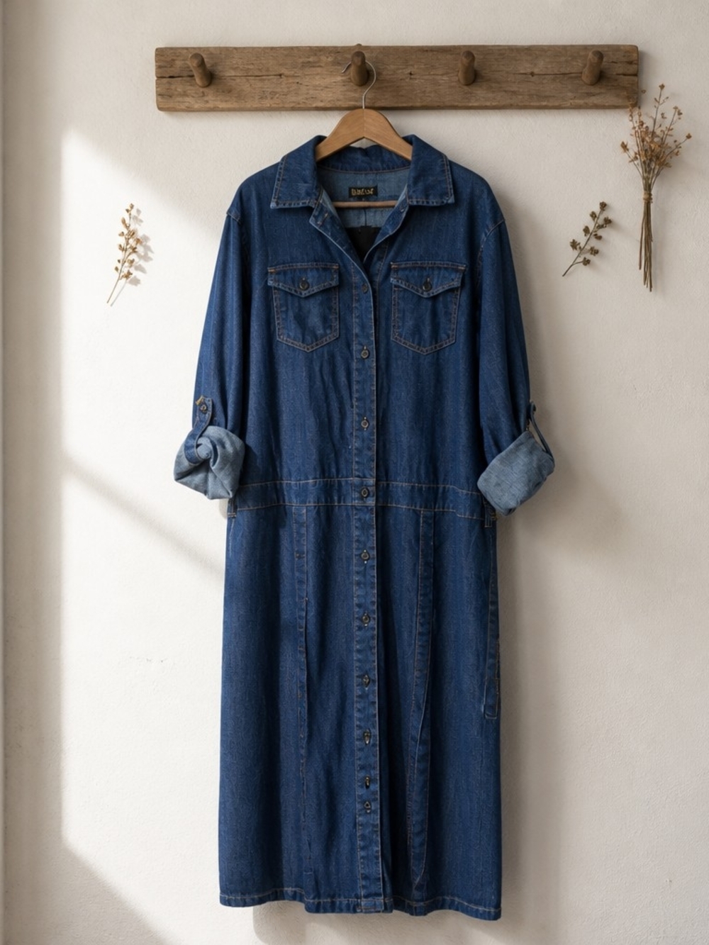 Button-Front Denim Shirt Dress - Blue